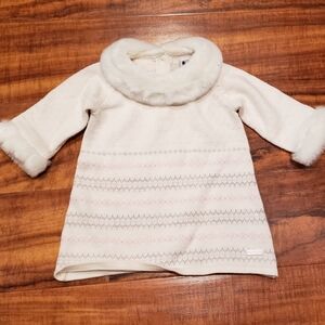 Janie & Jack NWT 0-3 months ivory/pink fair isle sweater dress w/ faux fur trim